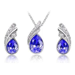 💙 Blue Gemstone Fashion Angel Wings Crystal Necklace Earrings Jewelry Set